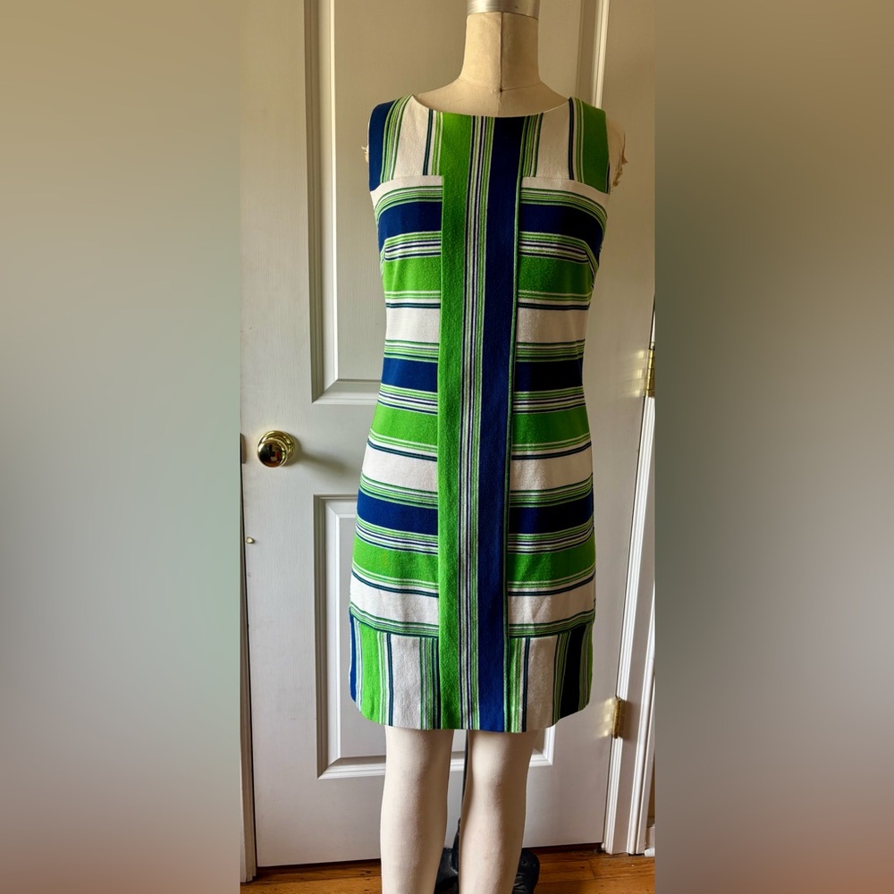 Trina Turk Green and Blue Striped Midi Dress